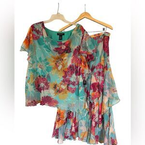 NEW Fuscia Turquoise Floral Beaded Sheer Ruffle Tiered Y2K Skirt Set 22W